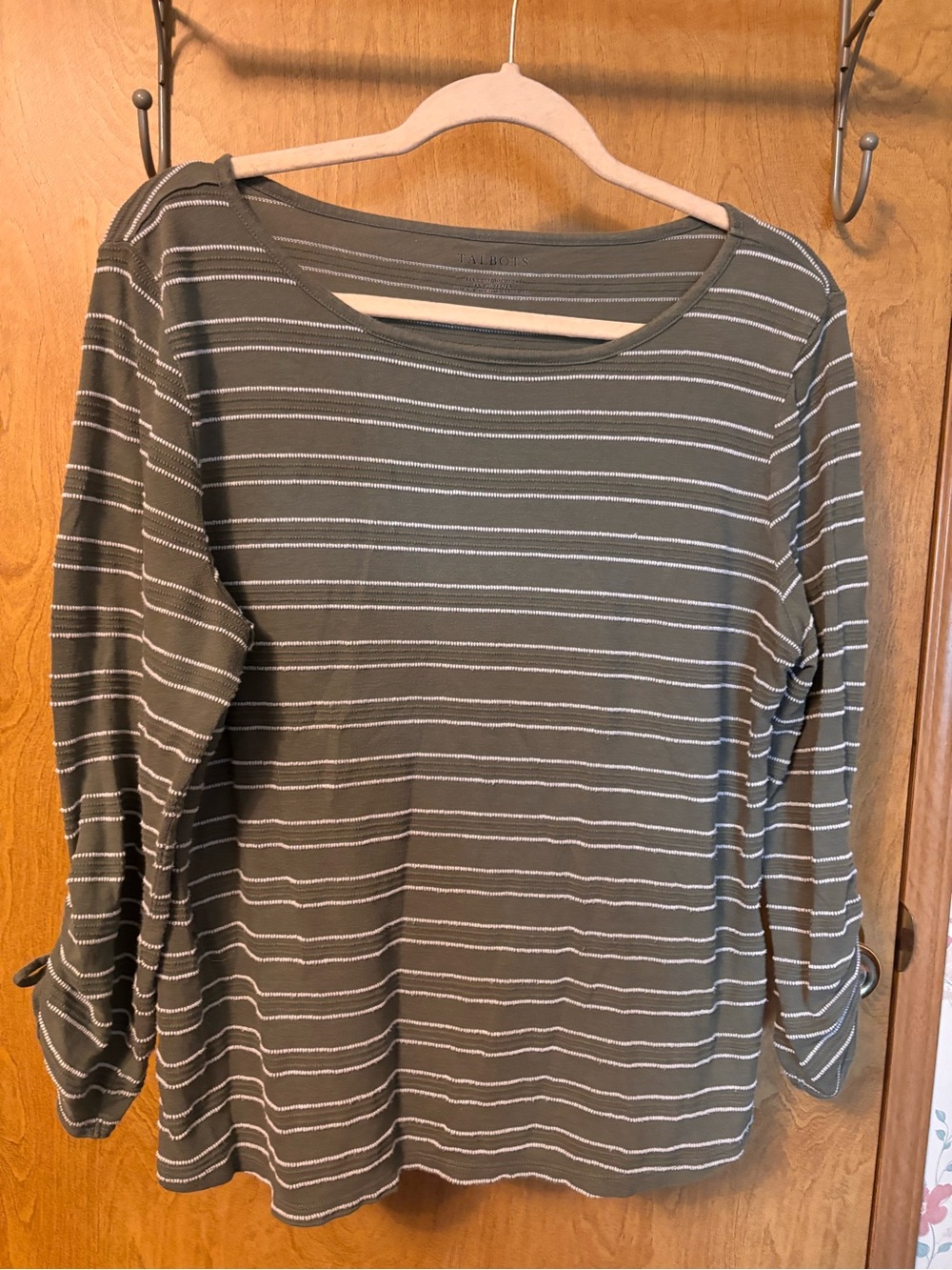 Talbots Olive Green and White Striped Long-Sleeve Boatneck Top